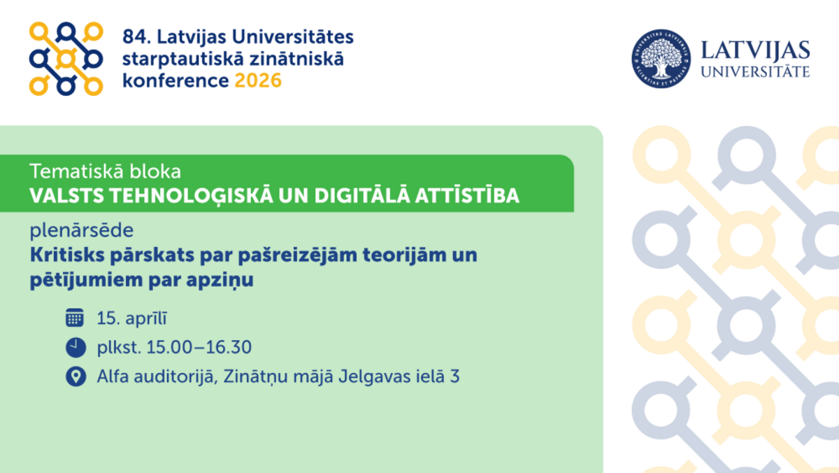 Norādīta plenārsēde ‘Kritisks pārskats par pašreizējām teorijām un pētījumiem par apziņu’, kas notiks 15. aprīlī no plkst. 15.00 līdz 16.30 Alfa auditorijā, Zinātņu mājā Jelgavas ielā 3. Pa kreisi redzams konferences grafiskais simbols, bet pa labi — Latvijas Universitātes logotips uz gaiša fona ar dzelteniem un zilganpelēkiem dekoratīviem elementiem